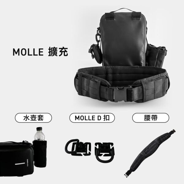 TUTUBAG MOLLE系統展示，附加水壺套、MOLLE D扣與腰帶，支援多功能擴充。