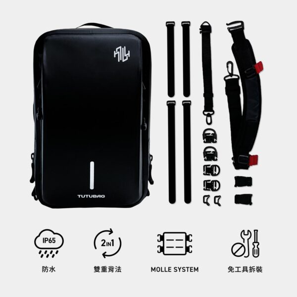 TUTUBAG全配件展示，包含腰帶、MOLLE D扣及各種掛鉤，提升騎行便利性與功能性。