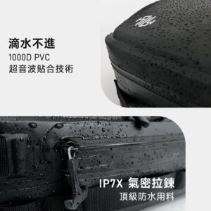 TUTUBAG IPX7防水拉鍊特寫，1000D PVC材質與超音波貼合技術，達到優異防水效果。