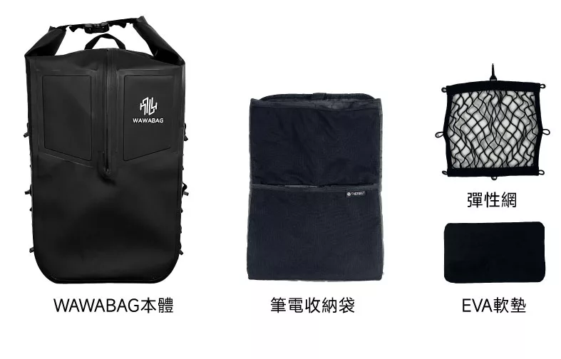 WAWABAG 2產品內容物，重機後背包、防水後背包，耐用材質確保長時間使用。